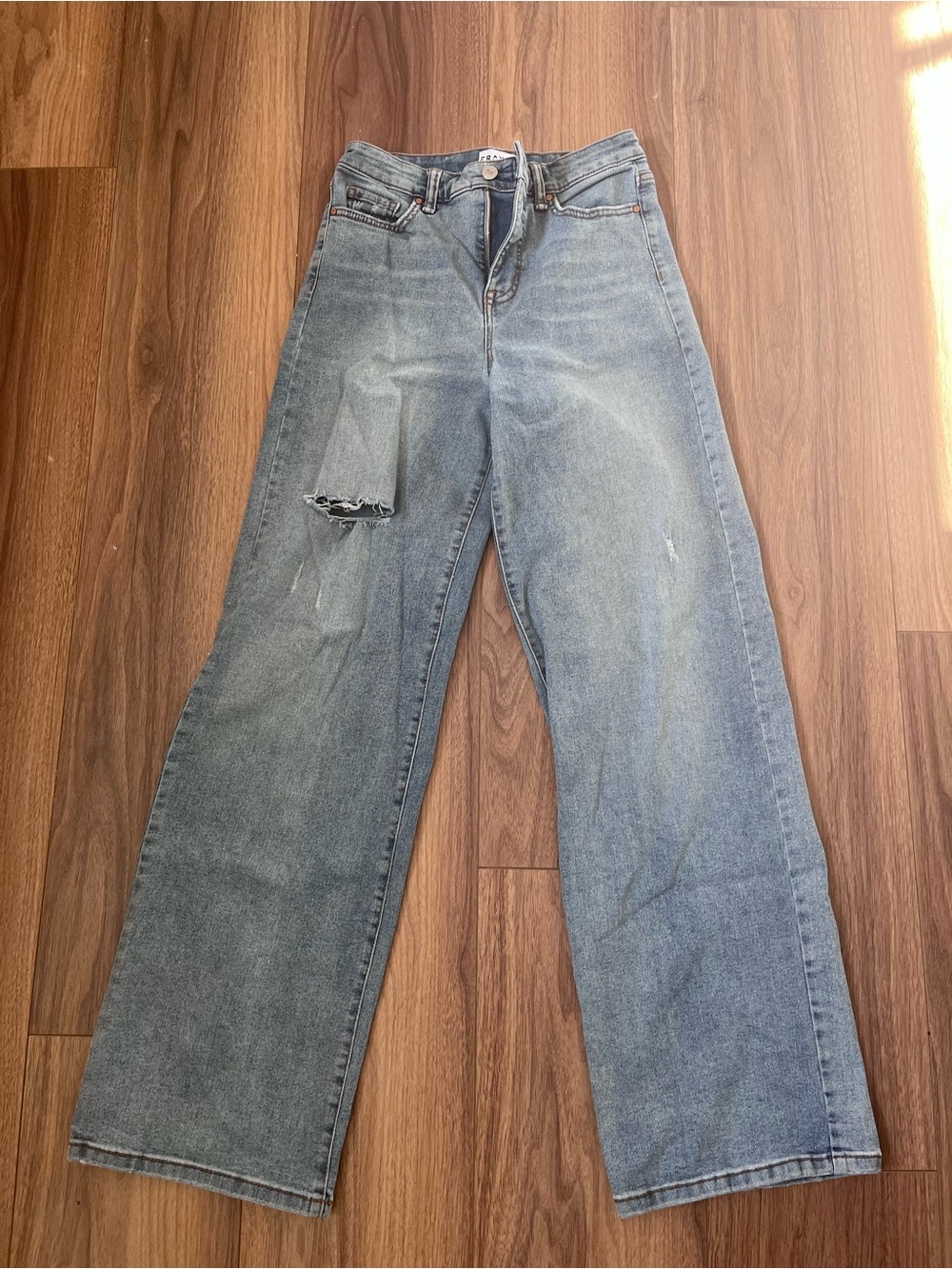 High-Rise Light Blue Wide-Leg Distressed Jeans